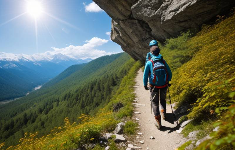 등산 장비 착용 뒷모습 — 배낭과 스틱
