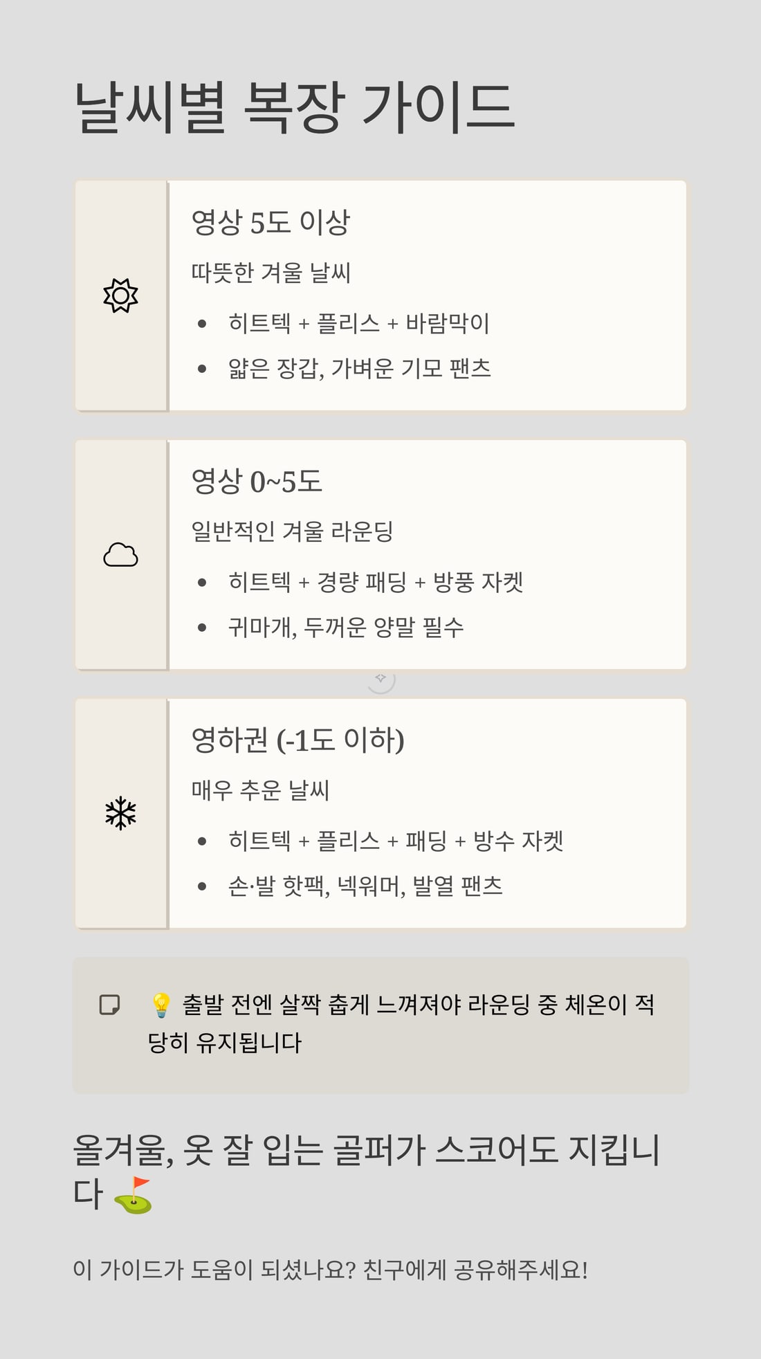 겨울 골프 레이어링 — 베이스레이어 위에 미드레이어와 방풍 아우터