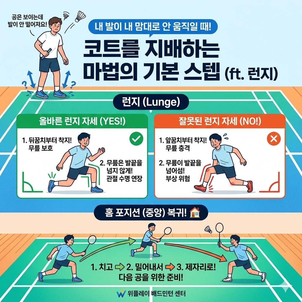 배드민턴 풋워크 — 코트에서 런지로 셔틀을 받는 동작