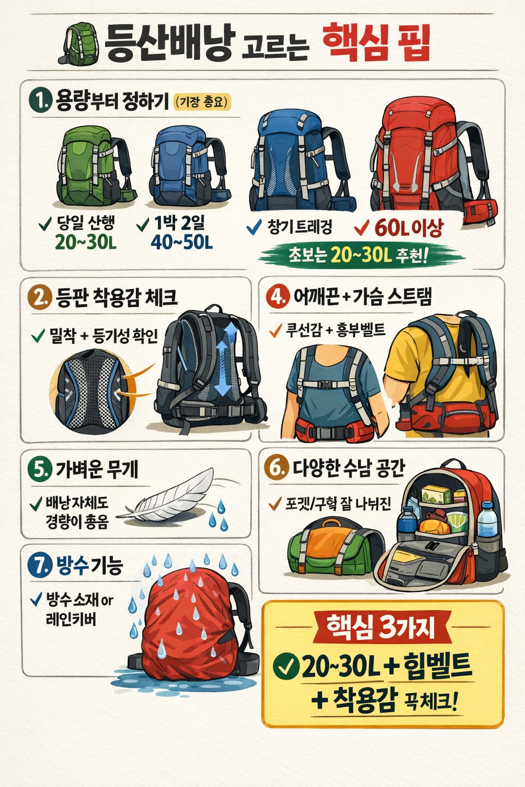 등산 장비 대여와 구매를 비교하기 위해 정리된 배낭·텐트·아이젠